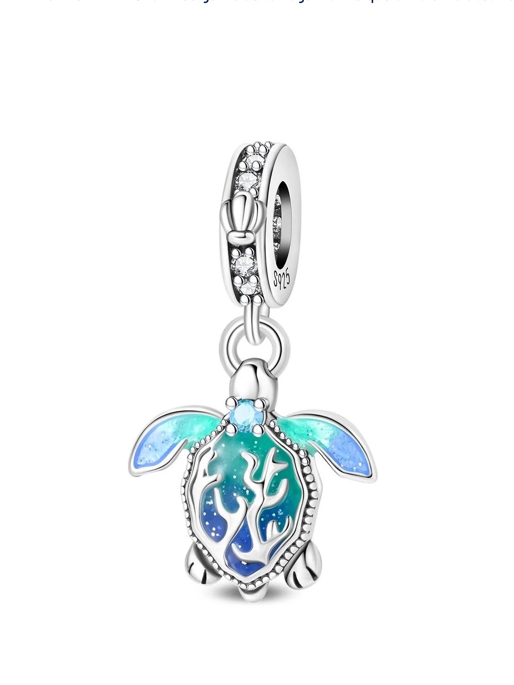 Pandora Silver Blue and Green Sea Turtle Dangle Charm